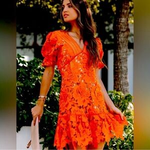 Adelyn Rae V Neck Floral Lace Orange Midi Dress.